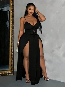 Slaydiva Plus Size Chi tiết dây rút màu trơn gợi cảm Đầm dây đeo spaghetti xẻ cao cho kỳ nghỉ - màu đen - Xem 4