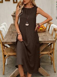 Breezaya Vestido casual de mujer de cuello redondo, sin mangas, con bolsillos, largo maxi para vacaciones o playa