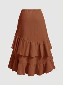 SHEIN MOD Váy dự tiệc xếp tầng màu kem không đối xứng cỡ lớn có dây rút - màu nâu - Xem 2