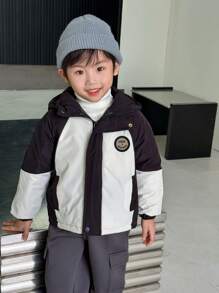 SHEIN Young Boy Classic Black & White Hooded  Coat, Fashionable & Cold-Resistant, Suitable For Autumn & Winter - Black and White - View 3