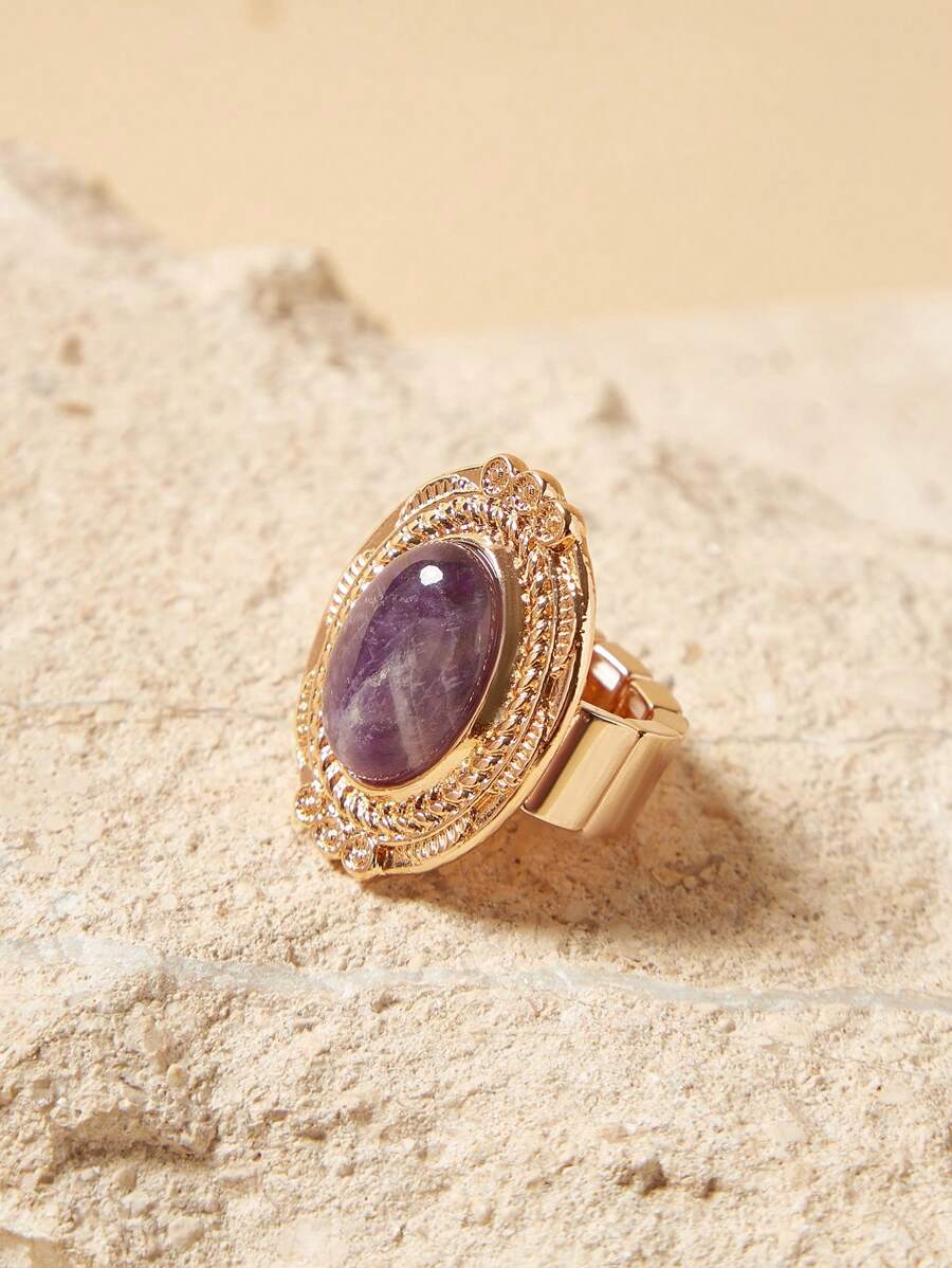 SHEIN Anillo vintage elegante con gema morada