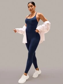Slayform Macacão Esportivo Feminino de Cor Sólida com Alças Cruzadas, Roupa de Academia Macacão Justo Inteiro, Roupa de Academia - Azul Marinho - Visão 5