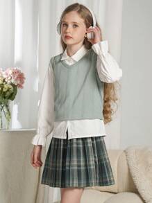 SHEIN Set de 2 piezas Uniforme escolar informal para niña preadolescente: chaleco de punto y falda