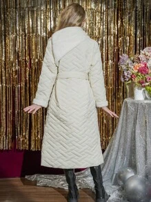 Tween Girls 优雅毛皮边饰保暖棉服连衣裙 - 杏色 - 查看 2