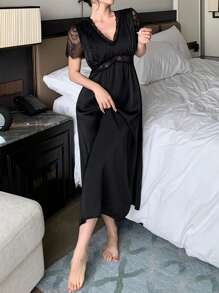 DAZY Lace Patchwork Satin Waist Nightgown Pajama - Black - View 3