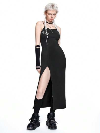Goth Sexy Versatile Rhinestone Cross High Slit Strap Solid Color Dress For Women