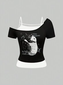 ROMWE Academia Cat Print Vacation Style Color Block Drop Shoulder Women's T-Shirt, School - Black and White - View 1