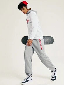 SHEIN 2 pièces/Set Survêtement adolescents garçons décontracté ample avec motif imprimé et blocs de couleurs, capuche et pantalon long. Doublure thermique, épaissi.