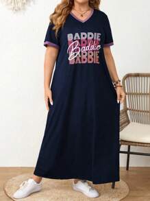 Mulvari Đầm Maxi In Chữ Tay Ngắn Màu Trơn Cỡ Lớn Thường Ngày Cho Nữ - Nhiều màu - Xem 6