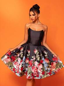 Smilprince Floral Print Empire Waist Puffy Tube Elegant High Society Banquet Dress Prom Semi Formal Wedding Guest Dress, For Birthday, Graduation, Homecoming Party Dress