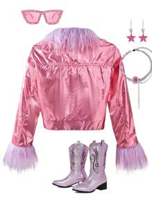 SHEIN Chaqueta brillante de PU con detalles de flecos para niñas preadolescentes, otoño - Rosa Oxidada - Ver 2