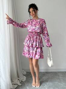 Chiquease Váy babydoll dáng chữ A rộng rãi cổ chữ V họa tiết hoa - Màu tím - Xem 3