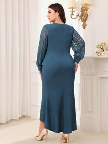 Modelyn Plus Size Women's Solid Color Simple Casual V-Neck Hollow Long Sleeve Dress Long Evening Dresses - Blue - View 6