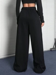 SHEIN EZwear Pantalones de traje de color liso con estilo vintage de vuelta al colegio para mujeres, pantalones versátiles y frescos de estilo callejero - Negro - Ver 2