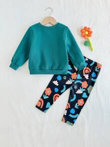 Cozy Pixies 2 件装女婴花卉图案针织柔软圆领长袖运动衫和紧身裤套装