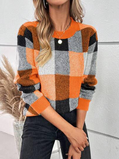 EMERY ROSE Women's Crew Neck Long Sleeve Colorblock Plaid Casual Fashionable Pullover Sweater,Long Sleeve Tops, Knit Pullover Fall Winter
