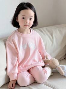 Dazy Kids 2pcs/Set Young Girl Round Neck Letter Knit Fleece Sweatshirt And Leggings, Fall Outfit, Winter - Pink - View 6