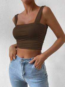 Chiquease Top sin mangas holgado de unicolor con pliegues, top corto de verano en color marrón - Café integral - Ver 3