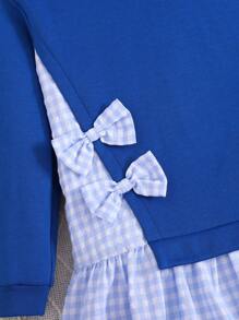 Tween Girl Blue Plaid Asymmetric Bow Hooded Sweatshirt,Cute Back-To-School School Loose Thermal Lined Warm Mid-Length Top For Autumn And Winter - Blue - View 3