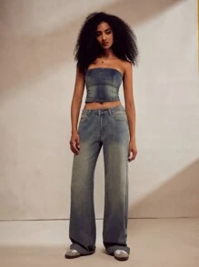 Forever 21 Women's Strapless Faded Denim Crop Top - Blue - View 4