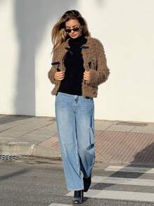 SHEIN Essnce Women's Solid Color Front Button Fluffy Long Sleeve Jacket, Autumn & Winter - Mocha Brown - View 4