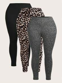 Slaydiva 3pcs Plus Size Casual Solid & Leopard Print Leggings, Spring Autumn - Multicolor - View 1