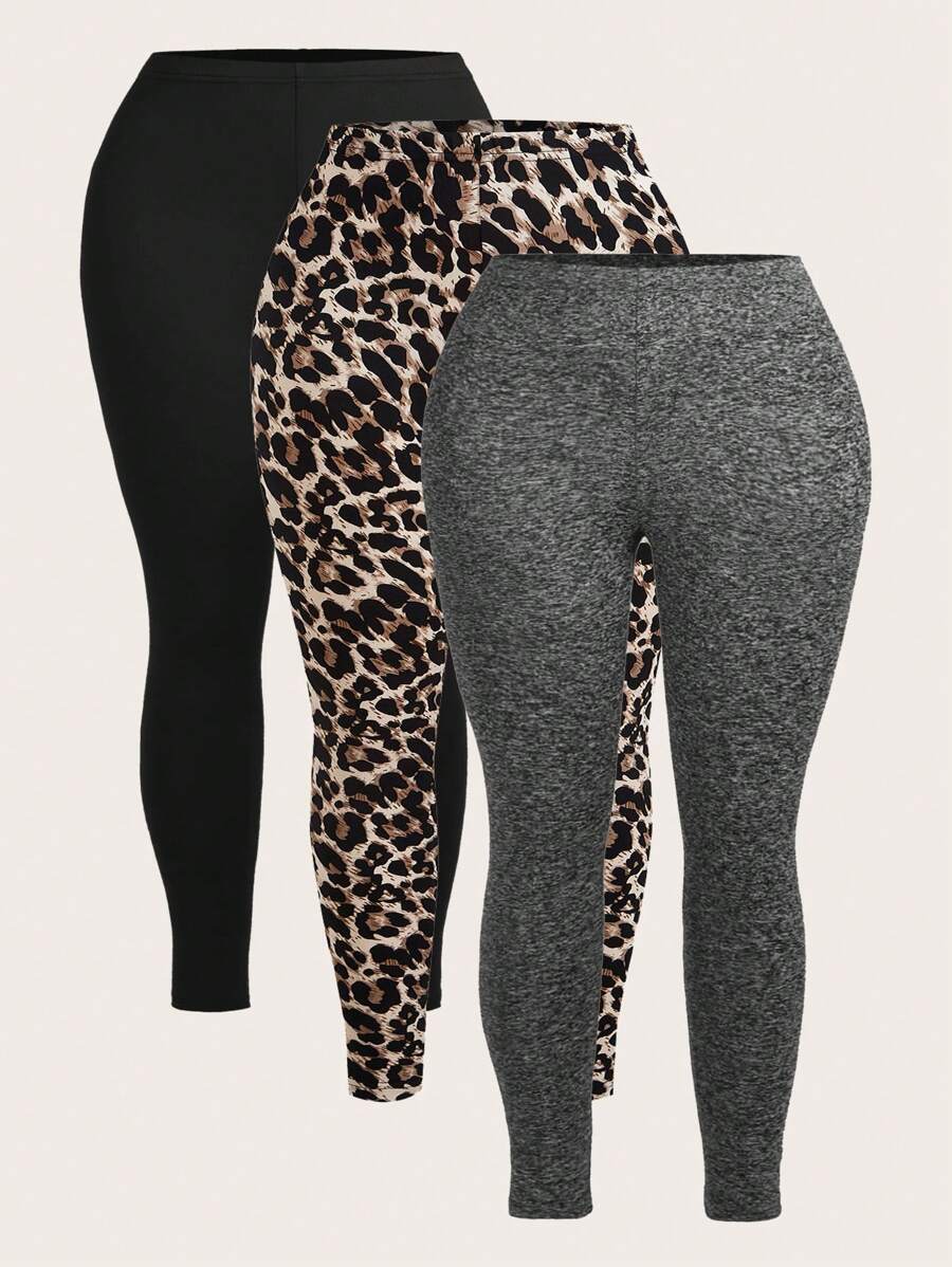 Slaydiva 3pcs Plus Size Casual Solid & Leopard Print Leggings, Spring Autumn - Multicolor - View 1