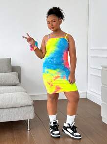 SHEIN Tween Girls' Fitted Casual Scrunchie With Tie-Dye Camisole And Pleated Side Dress