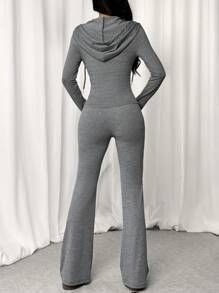 SHEIN EZwear 2 Stücke Damen-Set mit einfarbigem Kapuzen-Reißverschlussoberteil und lässiger Schlaghose, Frühling/Sommer - Grau - Übersicht 2