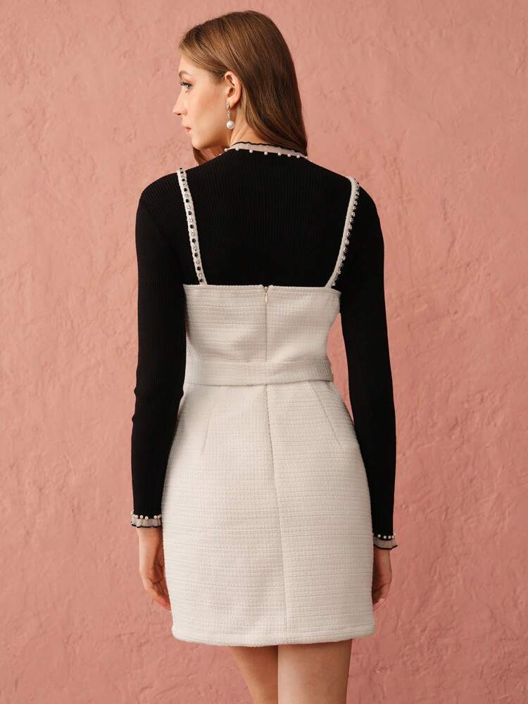 Women Spaghetti Strap Backless Belted Fitted Elegant Chic Tweed Dress,Fall Women's Dress, Winter Women's Dress,For Work,For School