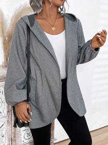Plus Size Solid Color Long Sleeve Simple Hooded Cardigan, Casual Everyday Wear - Grey - View 3