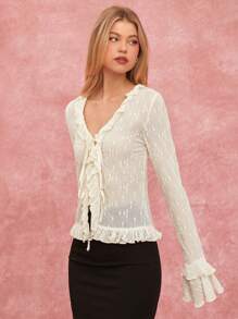 Enchnt Autumn New Women's Romantic And Exquisite Solid Color Lace Pleated Front Tie Long-Sleeved Casual Top, Autumn Top - Beige - View 6