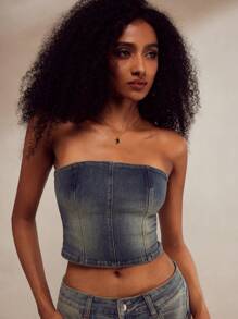 Forever 21 Women's Strapless Faded Denim Crop Top - Blue - View 1