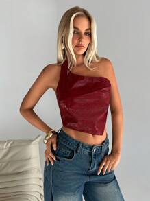 Aloruh Women Asymmetric Red PU Leather Backless Blouse - Red - View 4