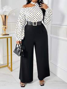 SHEIN Lady Bộ đồ liền thân dài thẳng cổ tròn chấm bi đen thanh lịch mùa thu đông trễ vai - Đen và trắng - Xem 3
