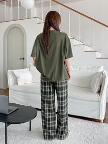 DAZY 宽松字母印花T恤和格子裤家居服套装睡衣