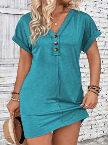 INAWLY Vestido de verano informal con cuello en V, ribete de volantes y botones delanteros para tallas grandes