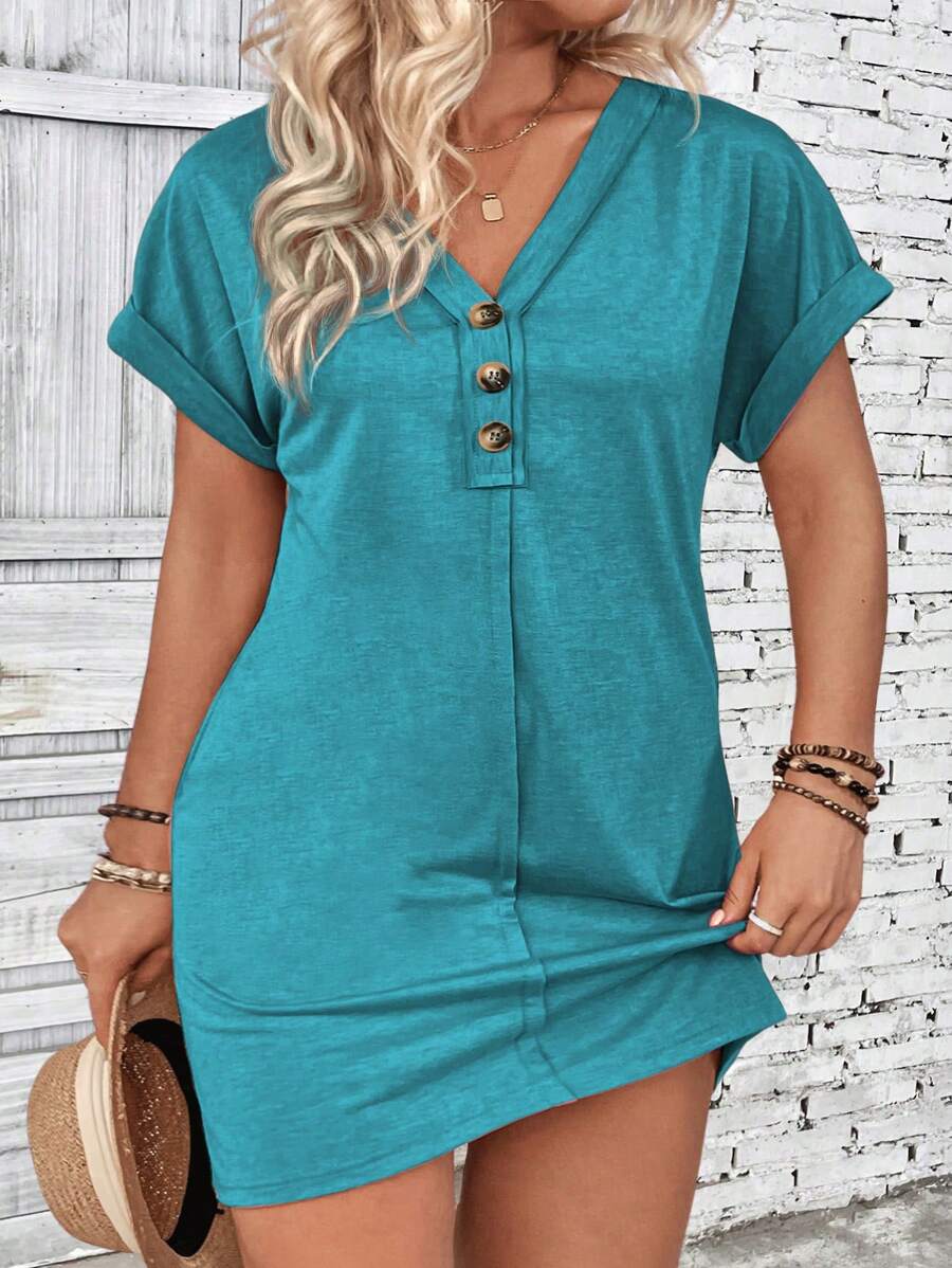 INAWLY Vestido de verano informal con cuello en V, ribete de volantes y botones delanteros para tallas grandes