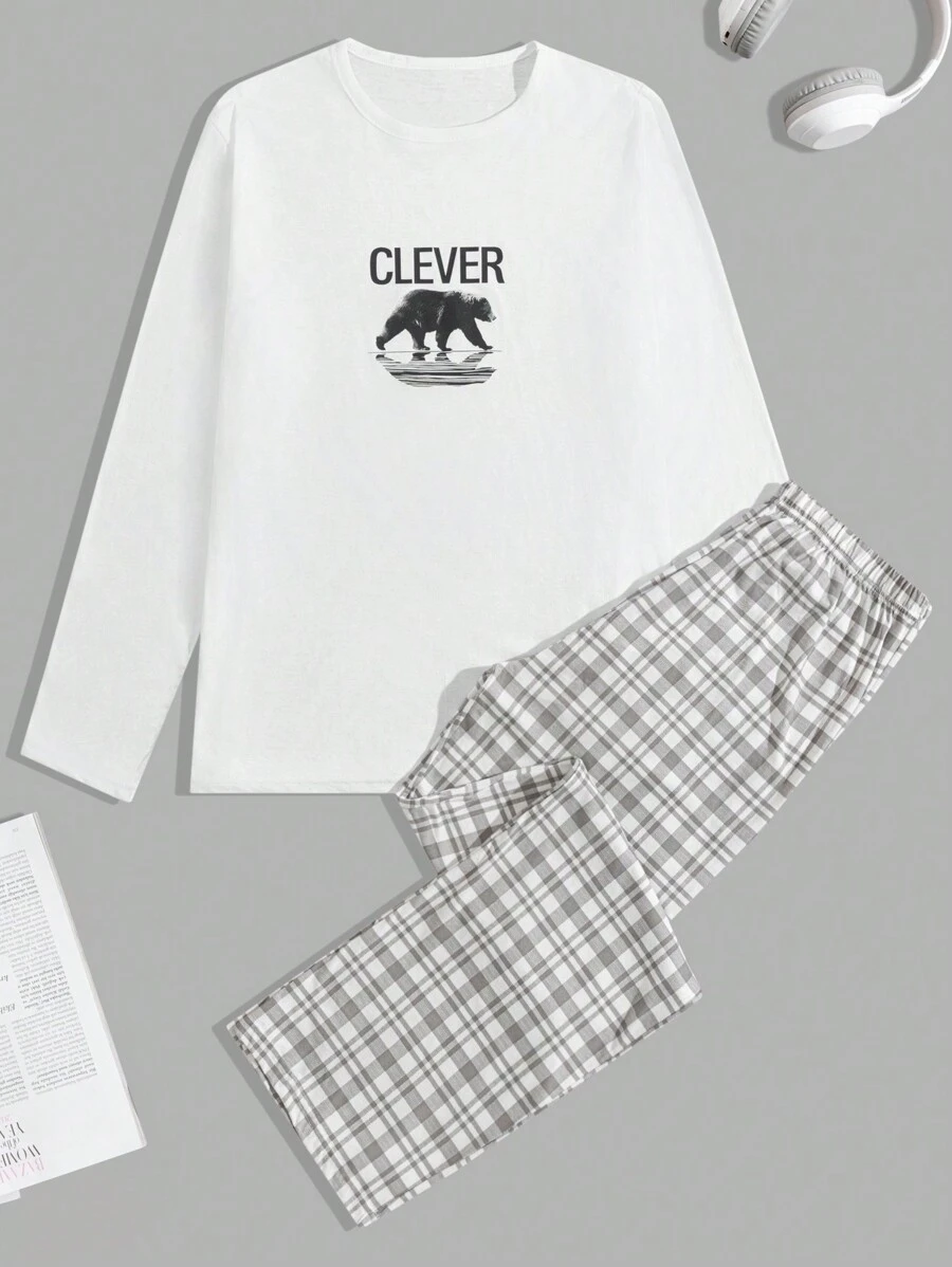 Cotton Men Bear Printed Regular Longsleeve Homewear Set - White - View 1