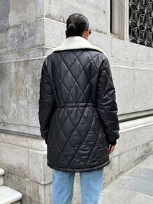 EURMUSE Women Padded Coat, The Waist-Closed Shape-Elegant Style, Contrast Colour, Rib Cuff - Black - View 3