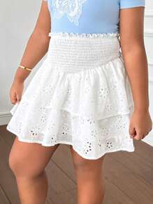SHEIN Tween Girls Extended Size Loose Casual Double Layer Embroidered Fabric High Waist Skirt