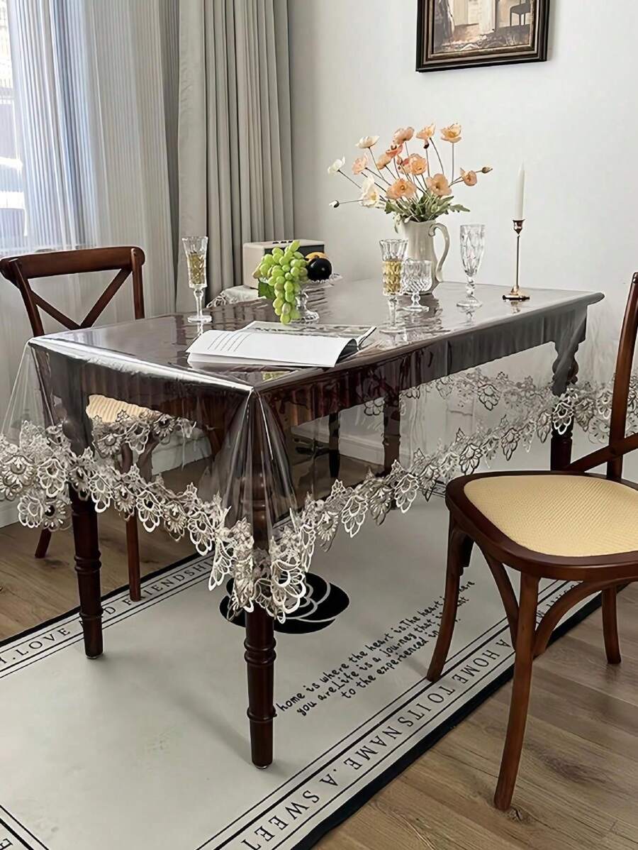 1 pièce Nappe avec bordure en dentelle transparente, couverture de table rectangle moderne en PVC imperméable oléofuge et anti-poussière, convient pour table à manger, table basse, décoration domestique quotidienne, événements, fêtes, mariages
