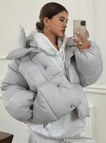 DAZY Women's Solid Color Hooded Loose Padded Coat Jacket Winter - Light Grey - View 1