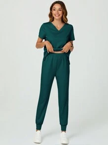 TaskEZ 2 件纯色 V 领口袋 T 恤和裤子护士制服手术服套装 - 水鴨藍 - 查看 10