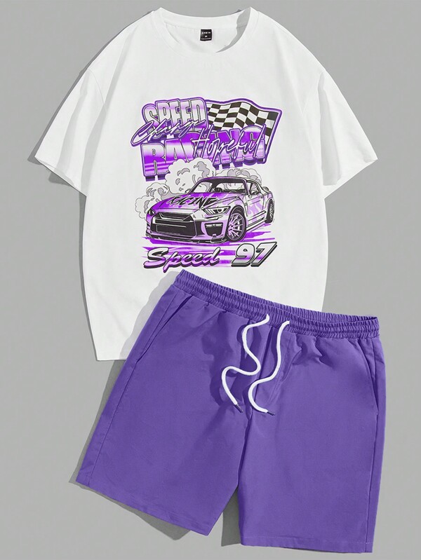Manfinity VCAY Loose Car & Letter Print Graphic T-Shirt & Drawstring Waist Shorts Set For Men