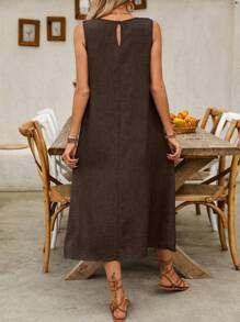 Breezaya Vestido casual de mujer de cuello redondo, sin mangas, con bolsillos, largo maxi para vacaciones o playa