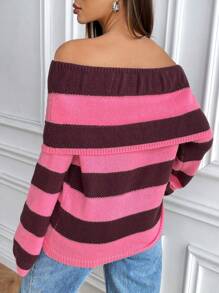 SHEIN Unity Women's Off-Shoulder Striped Long Sleeve Knit Top, Elegant And Charming, Knit Pullover Fall Winter - Multicolor - View 2