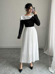 Chiquease Women's Fashion Elegant Frill Collar Black And White Contrast Color Ruffle Hem Dress Fall Cloth For Women - Black and White - View 1