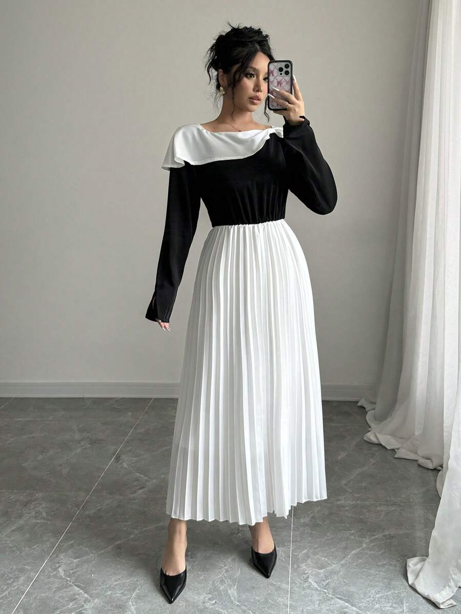 Chiquease Women's Fashion Elegant Frill Collar Black And White Contrast Color Ruffle Hem Dress Fall Cloth For Women - Black and White - View 1