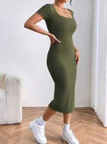SHEIN PETITE Summer Casual Solid Short Sleeve Slit Bodycon Dress - Dark Green - View 3